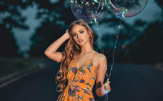 Woman balloons planet night star - fashion photoshoot free wallpaper for desktop