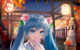 Blue hair girl kimono autumn - kawaii free wallpaper for desktop