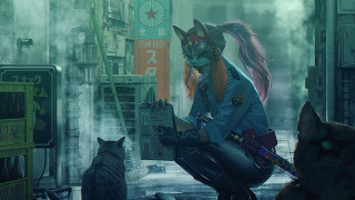 Woman cat costume sitting cyberpunk - a chair next free wallpaper