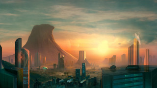 Futuristic city mountain sunset plane - a futuristic city free wallpaper