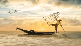 Man boat birdcage sky birds - ding guanpeng free wallpaper for desktop