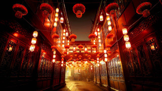 Long hallway lanterns night cityscape - lantern free wallpaper