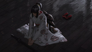 Woman kimono umbrella redshoes praying - a umbrella free wallpaper