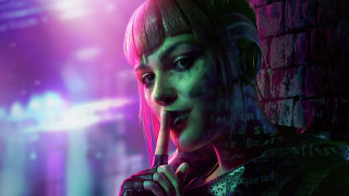 Pink haired woman cyberpunk black - a finger free wallpaper