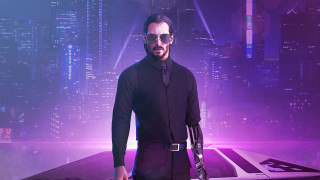 Futuristic man suit sunglasses cityscape - a purple light free wallpaper for desktop