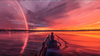 Sunset dock rainbow mountain ocean - alena aenami free wallpaper for desktop