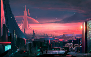 Futuristic city bridge skyline sunset - synthwave free wallpaper for desktop