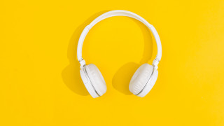 White headphones yellow background shadow - a pair free wallpaper