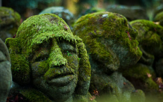 Moss covered statues forest face - statue free wallpaper