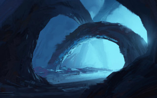 Cave entrance man light mountains - cinematic concept art free wallpaper for desktop