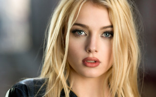 Woman blackshirt redlipstick blackjacket blondeblueeyes - realistic shaded perfect face free wallpaper for desktop