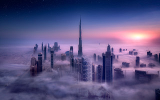 City clouds sunset mattepainting aurora - free city wallpaper