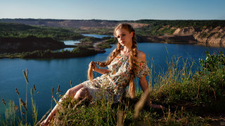 Woman hill lake mountains braid - a lake and mountains free wallpaper for desktop