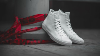 White sneakers red ribbon sidewalk - ultra high detail free wallpaper