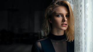 Blonde woman black top window - a curtain behind her free wallpaper