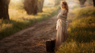 Woman dress suitcase forest autumn - a long dress free wallpaper for desktop