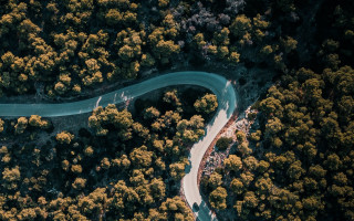 Winding road forest river above - 8k artistic photography free wallpaper