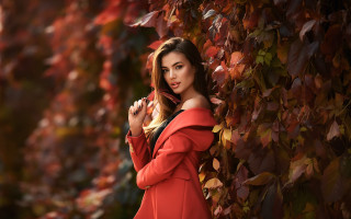 Woman red dress autumn leaves 3 - a portrait free wallpaper for desktop