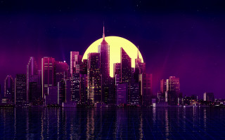 City skyline fullmoon purple sky - a few star free wallpaper