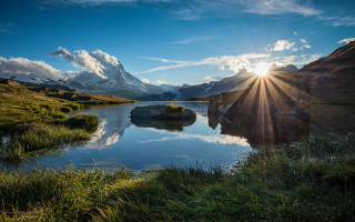 Lake mountains sunlight reflection nature - mountain and grass free wallpaper