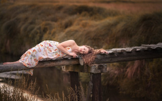 Woman lying bridge flowers dress - claire dalby free wallpaper for desktop