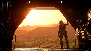 Man doorway spaceship sunset mountains - cinematic lighting free wallpaper