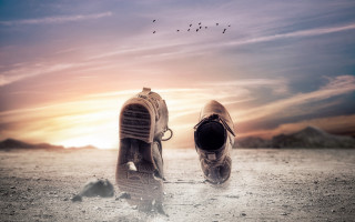 Shoes beach cloudy sky birds - above them free wallpaper