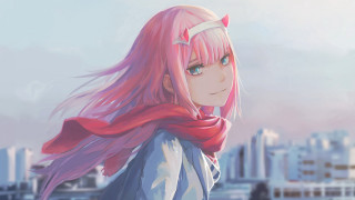 Pink hair cityscape scarf smiling - temporary art free wallpaper