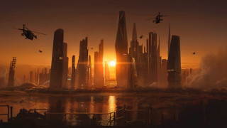 Futuristic city helicopter sunset skyline - free sci-fi wallpaper for desktop