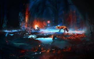 Tiger forest night fire man - free fantasy wallpaper