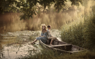 Boat river forest sunset girls - grass and trees free wallpaper