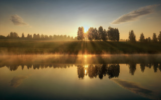 Lake trees sunset foggy matte - crepuscular free wallpaper