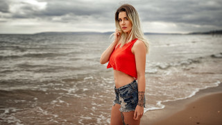 Woman beach portrait tattoo sunset - a red top free wallpaper