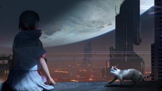 Woman cat cityscape night cyberpunk - dystopian art free wallpaper for desktop
