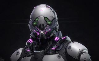 Robot green eyes cyberpunk armor - a black backdrop free wallpaper