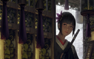 Woman sword flower kimono architecture - cushart krenz free wallpaper