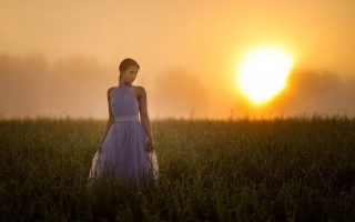 Woman dress field sunset fog - a woman in a dress free wallpaper for desktop
