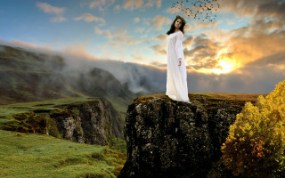 Woman white dress cliff birds - a flock of birds free wallpaper