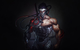 Overwatch demon chest cyberpunk male - a sword and a demon face free wallpaper