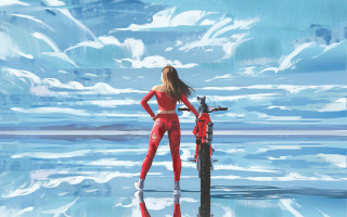 Woman red suit bike beach - a red suit free wallpaper