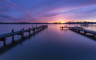 Sunset dock reflection cityscape clouds - a long dock free wallpaper