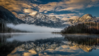 Mountain lake forest clouds dusk 3 - the foreground and a forest in the background free wallpaper