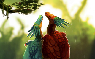 Birds under tree rain fantasy - two bird free wallpaper