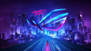 Futuristic city neon blue purple - side and a person free wallpaper