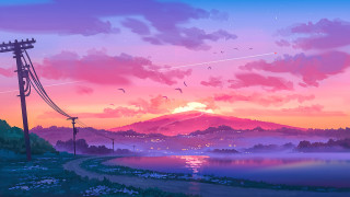 Sunset lake power lines mountain - a painting of a sunset free wallpaper