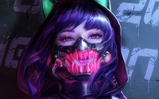 Creepy mask purple hair green - a cats head free wallpaper