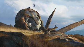Large tree stump birds field - art greg rutkowski free wallpaper