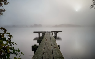 Dock lake foggy sky sun - a lake free wallpaper