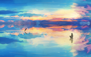 Sunset birds clouds reflected water - the water and a person free wallpaper