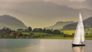 Sailboat lake mountain houses romanticism - a lake free wallpaper